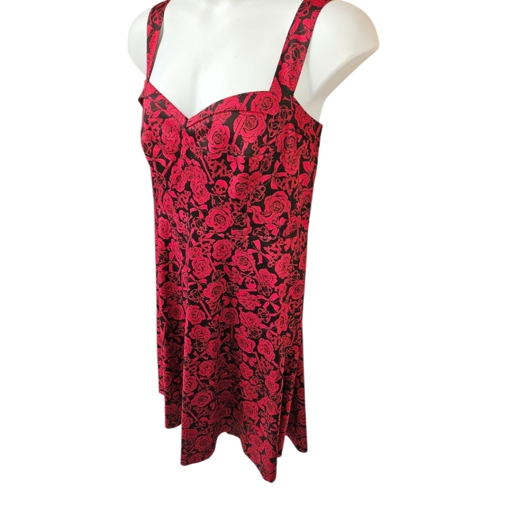 TORRID 18 Unique gothic Retro Chic Red Roses, Skulls, Keys fit & flare dress - Picture 4 of 15